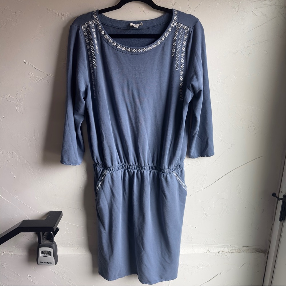 Garnet Hill Blue 3/4 Sleeve Midi Sweatshirt Dress‎ with Western Embroidery Sz L